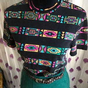 Vintage Black and Rainbow Neon Aztec Print Tee